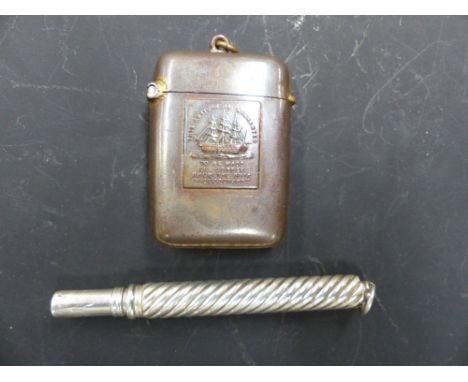 A copper vesta case from the ship Foudroyant together with an S.Morden & Co pen.(2)