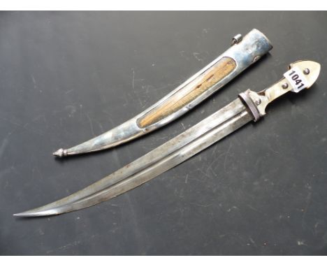 A 19th Century Russian kindjal knife with Russian silver niello engraved scabbard and mother of pearl hilt (31 cm blade)