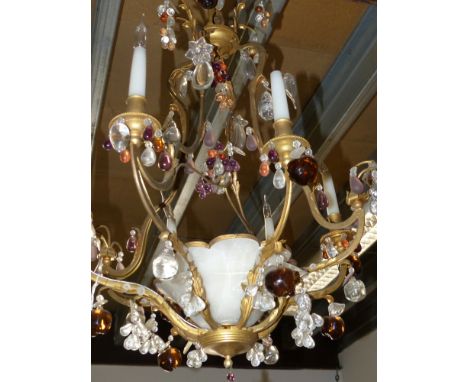 A continental brass and glass chandelier.