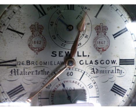 A 19th.c.ship's chronometer clock by Sewill, 126 Broomielaw, Glasgow, no 6703 in gimble mounted deck box
