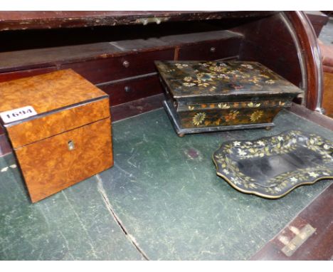 A Victorian burr walnut tea caddy together with a papier mache table box and a pen tray