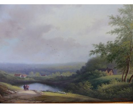 Paul Morgan (20th.c.) oil on panel figure before a lake and wooded landscape beyond.