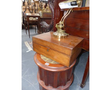 A late Victorian pedestal form commode together with a writing slope and a desk lamp.