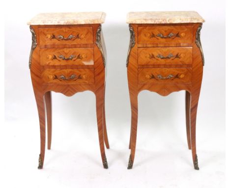 A pair of reproduction Louis XV style kingwood and floral marquetry petit bombe commode, gilt metal mounted, the veined marbl