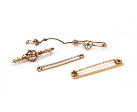 A gold stock pin stamped ‘9ct’, 3.7g, another similar, 1.3g, a gold and opal bar brooch, and a gold and seed pearl bar brooch