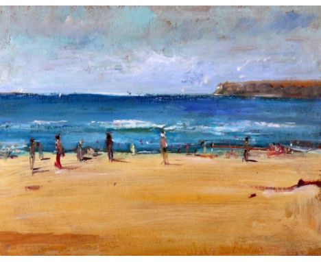 Donald R. Fraser (Australian, b. 1936), Beach scene with a headland in the distance, indistinctly signed (lower left) and ins