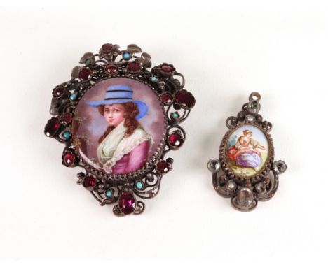 A Swiss garnet, cabochon turquoise and enamel brooch, the central oval enamel plaque depicting a lady in a blue hat, in a whi