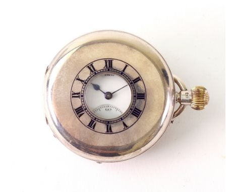 Dent: a silver cased keyless wind half hunter pocket watch, London 1912, blue enamel chapter ring and enamel dial with Roman 