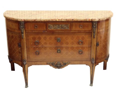 A transitional style ormolu mounted kingwood crossbanded boxwood strung commode, circa 1900, the moulded edge breche d’Alep m