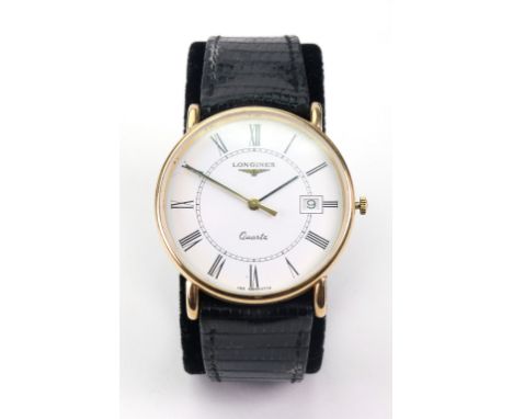 Longines; a gentleman's 9ct gold quartz wristwatch, the circular white enamel dial with Roman numerals and centre seconds, si