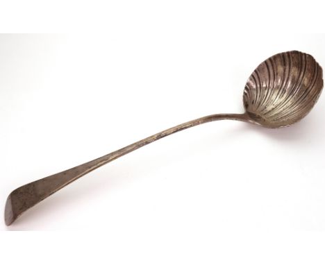 A George III silver Old English pattern soup ladle, circa 1780, stretcher marks obscured, with circular shell pattern bowl, 3