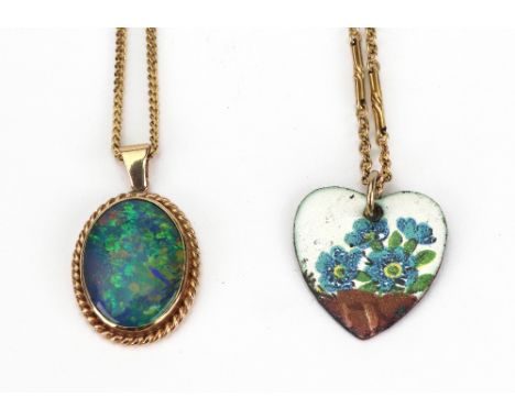 An opal doublet pendant in 9ct gold frame, Birmingham 1973, on 9ct gold chain, and a 9ct gold chain with enamel pendant, appr