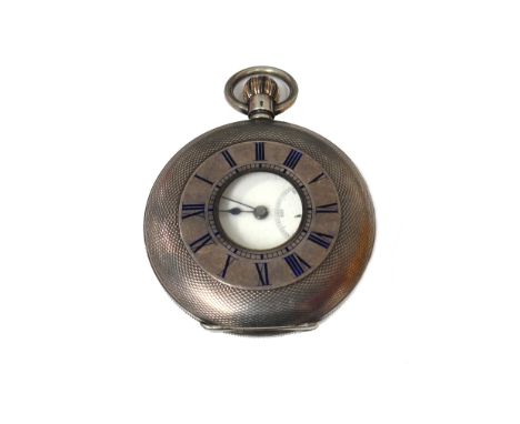 A white metal cased keyless wind half hunter pocket watch, the movement signed 'J W Benson' and numbered '1047254', early 20t
