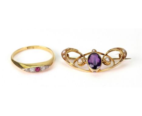 Murrle Bennett & Co.; a gold, amethyst and seed pearl brooch, circa 1900, stamped 'MB&Co' and 15ct, 32mm wide, 2.7g gross, to