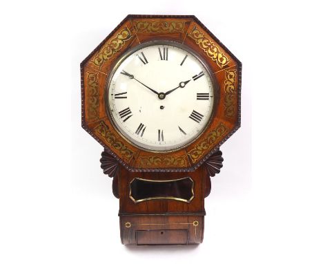 A late Regency rosewood brass mounted drop dial wall timepiece, the 10" white enamel dial with Roman numerals, within an octa
