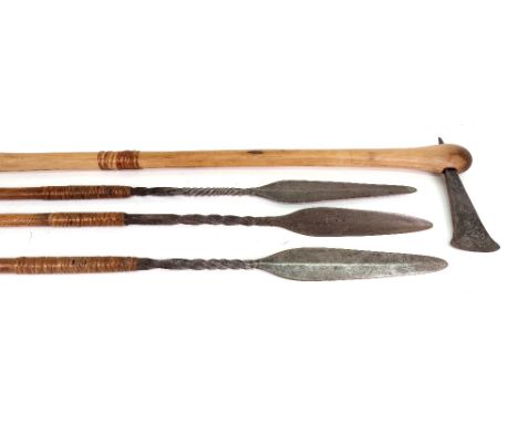 A group of three spears with bamboo handles, together with an axe (4).