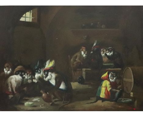 *** Monte (European, 20th Century), Monkeys playing cards, signed 'Monte' (lower right), oil on canvas, 58.5 x 78.5cm.