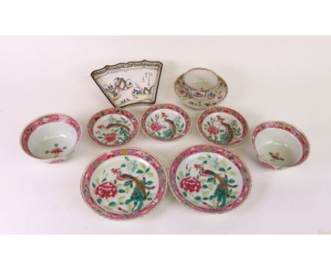 A pair of Chinese famille-rose plates, pair of bowls and three small dishes, painted with peacocks, the plates 15cm diameter,