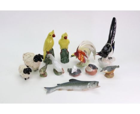 A collection of four Royal Copenhagen porcelain animals including Robin 2266, Russian porcelain figure of a bird, Hauschenieu