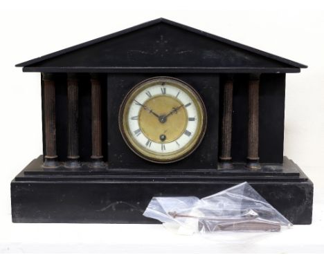 A Victorian black slate marble gilt metal mounted mantel timepiece, in architectural style case, 43cm wide.