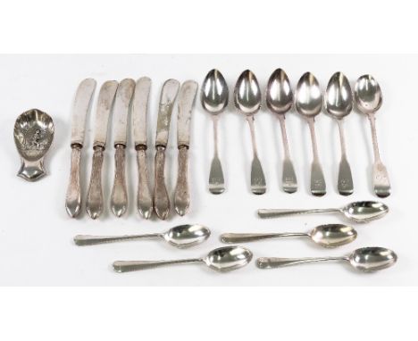 A set of five George III silver fiddle pattern teaspoons, London 1812, makers mark rubbed, similar teaspoon, London 1893, fiv