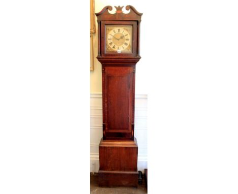 D. Crawly Lavington: a George III oak mahogany boxwood and ebony banded and inlaid longcase clock, the square hood with broke