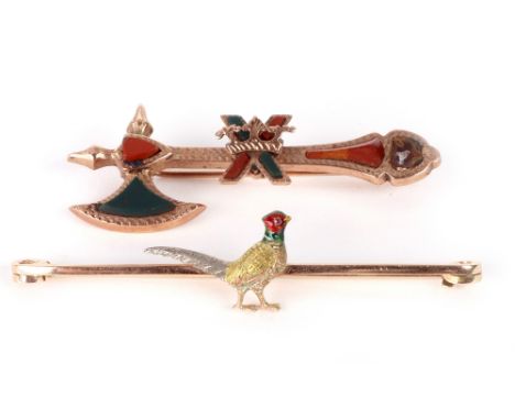 A gold and enamel 'pheasant' bar brooch, early 20th century, mounted centrally with the figure of a pheasant with cabochon ru