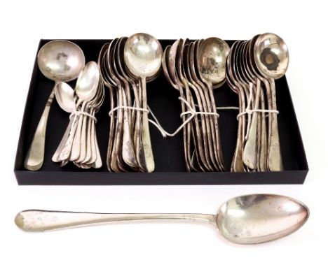 Old English pattern electroplate flatware, Mappin & Webb, 30 soup and 12 teaspoons, basting spoon, sauce ladle and a similar 