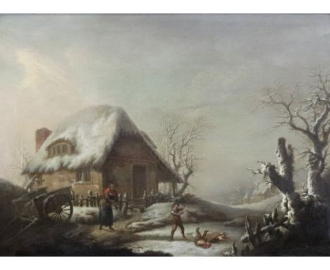 European School, 19th Century, Children playing in the snow outside a cottage, oil on canvas, 67 x 89.5cm.