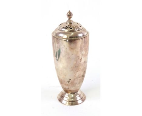 A stylish Art Deco silver castor, R W Burbridge, retailed by Harrods, London 1939, circular tapering with a domed stepped cov