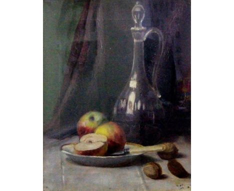 M*** A*** K*** (British, late 19th/early 20th Century), Still life of apples, nuts and a carafe of wine, initialled and dated