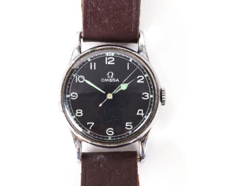 Omega; a stainless steel manual wind RAF issue wristwatch, circa 1950, signed black dial, Arabic numerals, centre seconds, 33