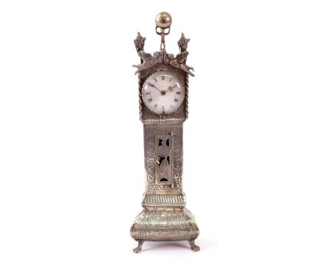 A Dutch silver miniature reproduction of an 18th century longcase clock, 1918, makers mark J.P.H., chased with flowers and le