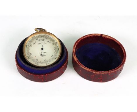 J. Hicks London: a gilt metal drum cased compensated pocket barometer, with silvered dial, 5cm diameter, in a velvet lined le