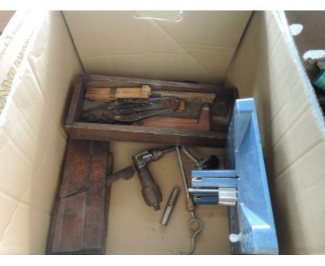 A box of vintage tools including Micrometres, rules etc