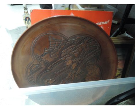 A box including three african hunting prints and carved wooden tray with oriental decoration 