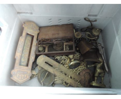 A box of brass ware including letter box button polishing slides