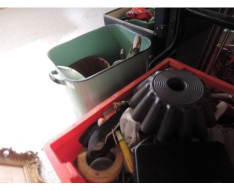 An enamel bread bin and contents