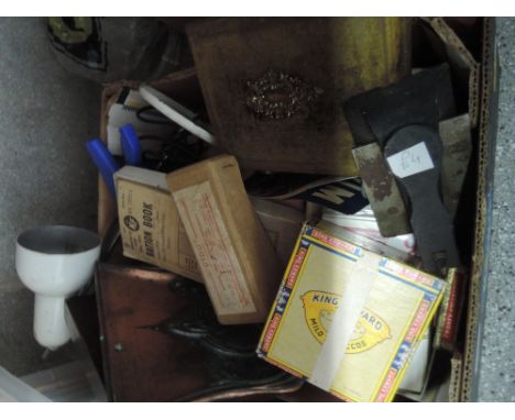 A box of miscellaneous including copper dust pan and vintage leather stitching appliance etc