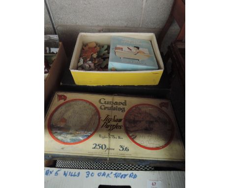 A box of various board games and vintage jigsaws including Cunard Cruising jigsaw puzzles 3in1 box by Chad Valley