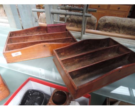 Two vintage mahogany cutlery trays, butter press etc