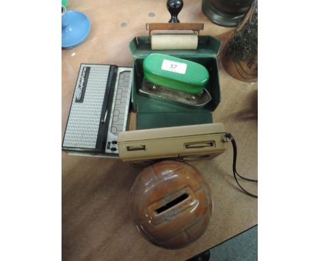 A vintage travel iron, radio and stylophone etc