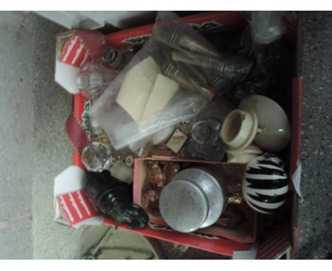A box of miscellaneous including glass decanter stoppers, milk bottle top press etc