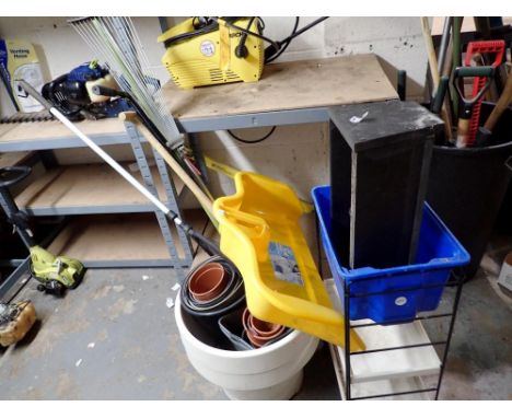 Mixed gardening pots, tools etc, largest H: 36 cm. Not available for in-house P&amp;P 