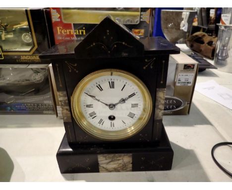Slate mantle clock with marble inlay, (keys and pendulum in office ). Not available for in-house P&amp;P 