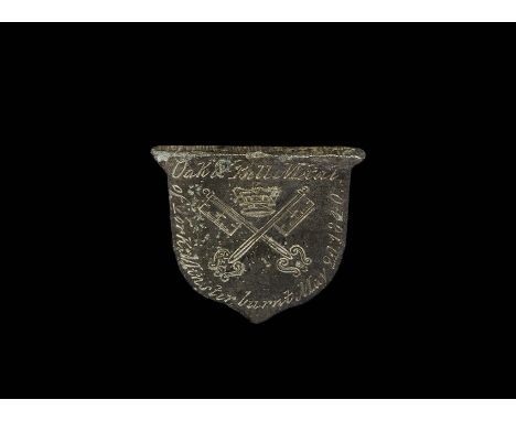 Dated 1840 AD. A shield-shaped escutcheon or insert with engraved 'crown over crossed keys' arms of the archbishop of York wi