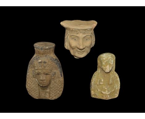 20th century AD. A mixed group comprising: a glazed composition pharaonic bust with papyrus-stalk detailing to the crown; a g