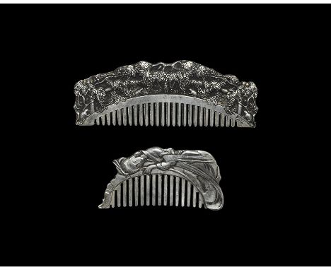 20th century AD. A pair of bifacial silver coloured metal combs comprising: one with arched handle formed as a bridge with fo