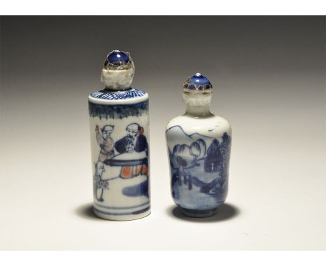 20th century AD. A mixed pair of white-glazed ceramic bottles comprising: one square-shouldered with polychrome scene of chil