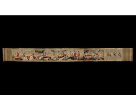 20th century AD. A group of rectangular paper panels on a fabric backing with wooden roller; calligraphic text and erotic pai